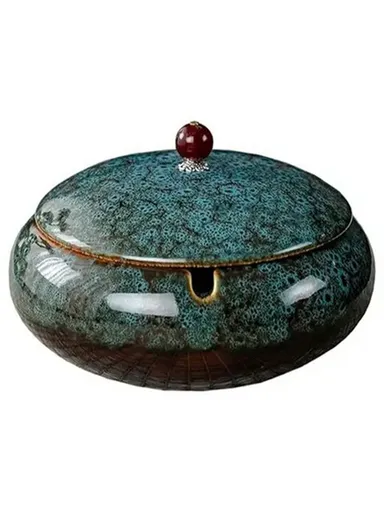 Ceramic Ashtray with Lid Three Grooves Creative Stylish Indoor Curved  Smokeless Design Ashtray Kiln Blue