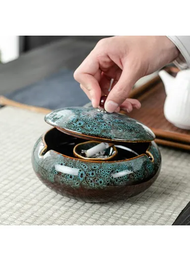 Ceramic Ashtray with Lid Three Grooves Creative Stylish Indoor Curved  Smokeless Design Ashtray Kiln Blue