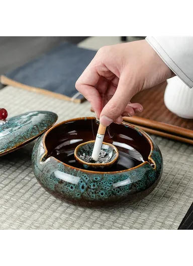Ceramic Ashtray with Lid Three Grooves Creative Stylish Indoor Curved  Smokeless Design Ashtray Kiln Blue