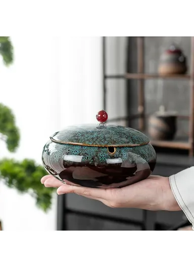 Ceramic Ashtray with Lid Three Grooves Creative Stylish Indoor Curved  Smokeless Design Ashtray Kiln Blue