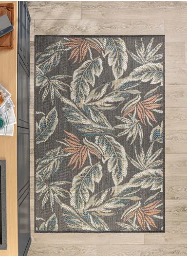 200 x 280 cm Nova Tropical Foliage Indoor Outdoor Decorative Rug - Dark Grey / Green