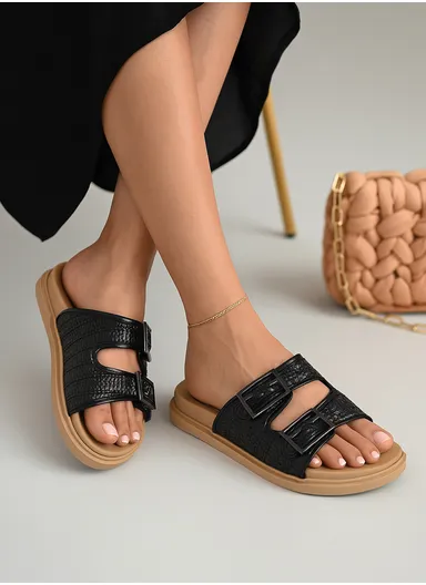 Women's Wide Buckle Comfort Slide Sandals HY28-2 - Black