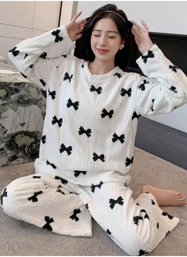 Women’s Black Bow Print Plush Pajama Set Soft Winter Homewear - White