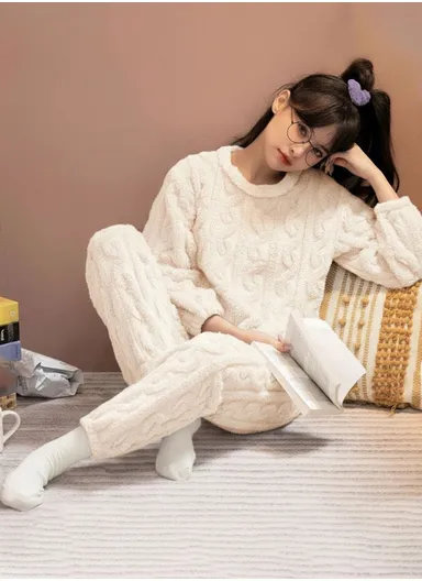 Warm Knitted Plush Pajama Set for Women – White