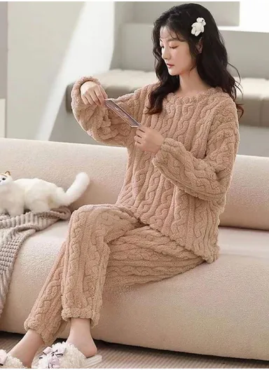 Warm Knitted Plush Pajama Set for Women – Light Brown