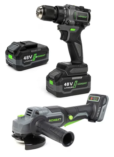 2-IN-1 48V Cordless Brushless Power Tool Kit Angle Grinder + Screwdriver Drill with 2 Rechargeable Batteries &amp; Plastic Storage Case WT125+WT21