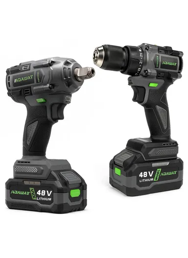 2-IN-1 48V Cordless Brushless Power Tool Kit Impact Wrench + Screwdriver Drill with 2 Rechargeable Batteries &amp; Plastic Storage Case WT450+WT21