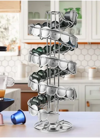 35-Capsule Spiral Coffee Pod Holder, Compatible With Nespresso, 360° Rotating Metal Rack Organizer (D14.5 x H39)cm – Silver