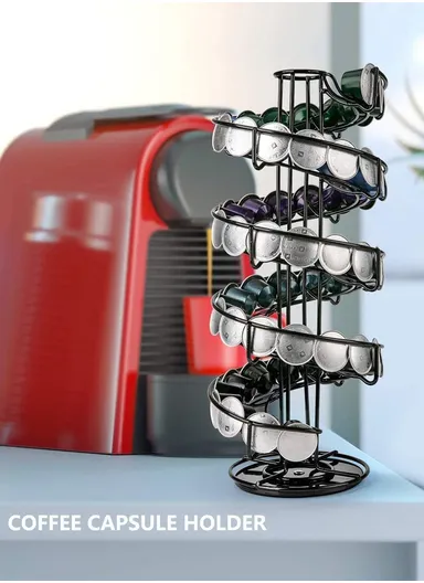 35-Capsule Spiral Coffee Pod Holder, Compatible With Nespresso, 360° Rotating Metal Rack Organizer (D14.5 x H39)cm – Silver