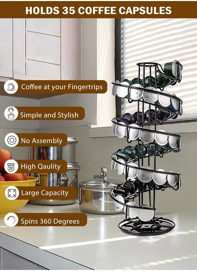35-Capsule Spiral Coffee Pod Holder, Compatible With Nespresso, 360° Rotating Metal Rack Organizer (D14.5 x H39)cm – Silver