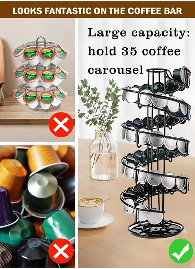 35-Capsule Spiral Coffee Pod Holder, Compatible With Nespresso, 360° Rotating Metal Rack Organizer (D14.5 x H39)cm – Silver