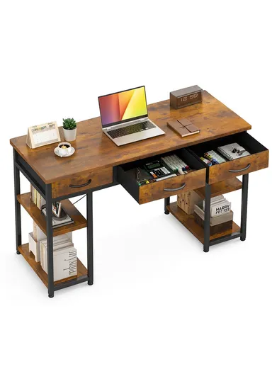 Modern Large Computer Desk with 3 Drawers &amp; Side Storage Shelves, Rustic Home Office Writing Workstation (L120 × W40 × H74)cm – Brown