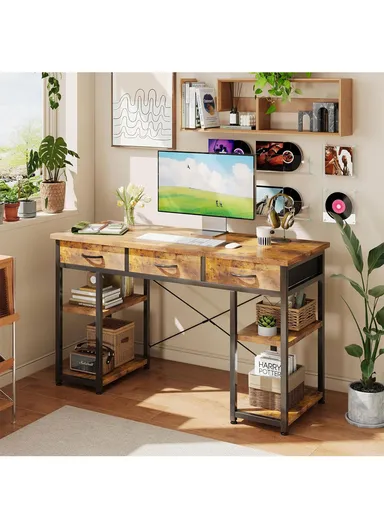 Modern Large Computer Desk with 3 Drawers &amp; Side Storage Shelves, Rustic Home Office Writing Workstation (L120 × W40 × H74)cm – Brown