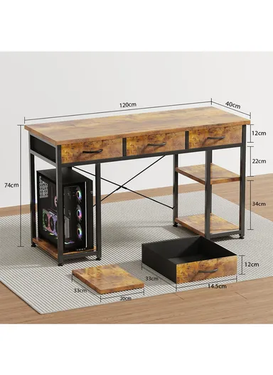 Modern Large Computer Desk with 3 Drawers &amp; Side Storage Shelves, Rustic Home Office Writing Workstation (L120 × W40 × H74)cm – Brown