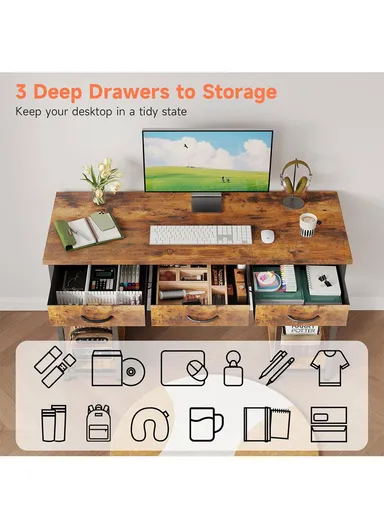 Modern Large Computer Desk with 3 Drawers &amp; Side Storage Shelves, Rustic Home Office Writing Workstation (L120 × W40 × H74)cm – Brown