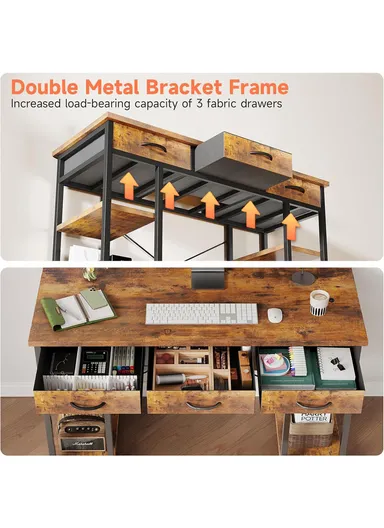 Modern Large Computer Desk with 3 Drawers &amp; Side Storage Shelves, Rustic Home Office Writing Workstation (L120 × W40 × H74)cm – Brown