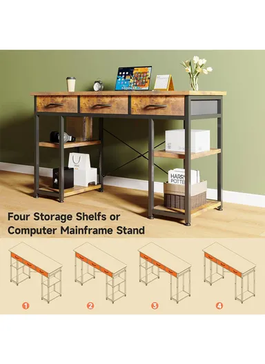 Modern Large Computer Desk with 3 Drawers &amp; Side Storage Shelves, Rustic Home Office Writing Workstation (L120 × W40 × H74)cm – Brown