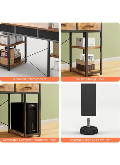 Modern Large Computer Desk with 3 Drawers &amp; Side Storage Shelves, Rustic Home Office Writing Workstation (L120 × W40 × H74)cm – Brown