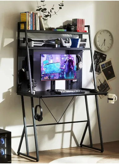 40" Gaming Desk with Two-Tier Storage Hutch &amp; Pegboard (W100 x D55 x H158)cm - Black