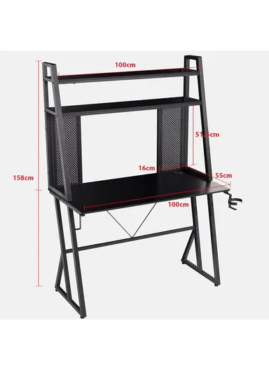 40" Gaming Desk with Two-Tier Storage Hutch &amp; Pegboard (W100 x D55 x H158)cm - Black