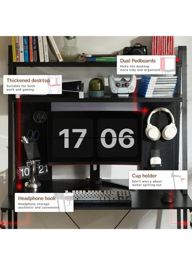 40" Gaming Desk with Two-Tier Storage Hutch &amp; Pegboard (W100 x D55 x H158)cm - Black