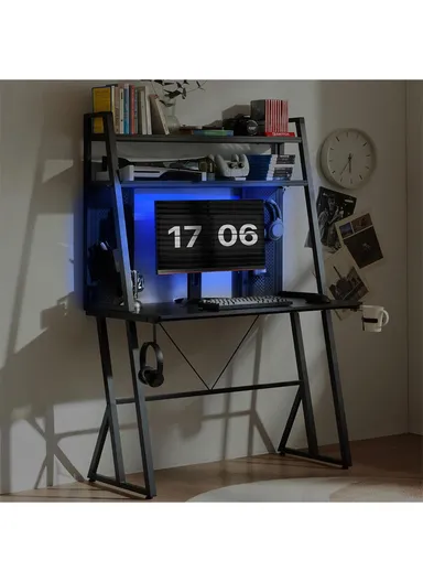 40" Gaming Desk with Two-Tier Storage Hutch &amp; Pegboard (W100 x D55 x H158)cm - Black