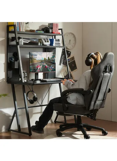 40" Gaming Desk with Two-Tier Storage Hutch &amp; Pegboard (W100 x D55 x H158)cm - Black