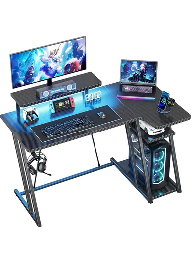 47" L Shaped Gaming Desk with Double Z-Leg Design, LED Lights, Ergonomic Monitor Stand &amp; Carbon Fiber Texture (W120 x D65 x H74)cm