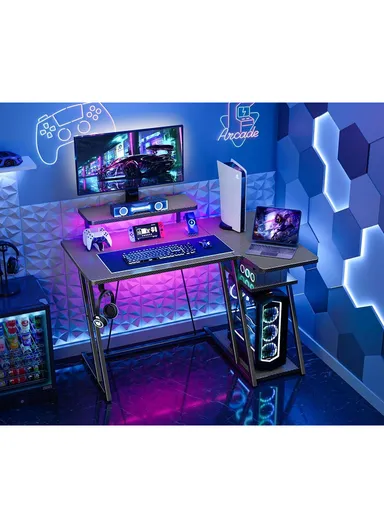47" L Shaped Gaming Desk with Double Z-Leg Design, LED Lights, Ergonomic Monitor Stand &amp; Carbon Fiber Texture (W120 x D65 x H74)cm