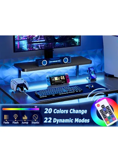 47" L Shaped Gaming Desk with Double Z-Leg Design, LED Lights, Ergonomic Monitor Stand &amp; Carbon Fiber Texture (W120 x D65 x H74)cm