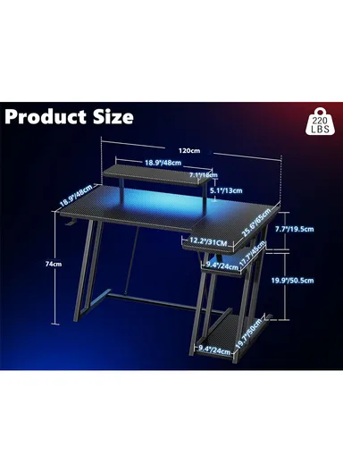 47" L Shaped Gaming Desk with Double Z-Leg Design, LED Lights, Ergonomic Monitor Stand &amp; Carbon Fiber Texture (W120 x D65 x H74)cm