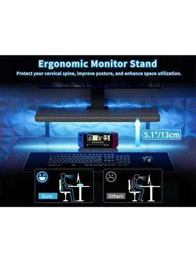 47" L Shaped Gaming Desk with Double Z-Leg Design, LED Lights, Ergonomic Monitor Stand &amp; Carbon Fiber Texture (W120 x D65 x H74)cm