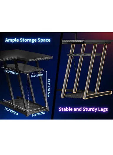 47" L Shaped Gaming Desk with Double Z-Leg Design, LED Lights, Ergonomic Monitor Stand &amp; Carbon Fiber Texture (W120 x D65 x H74)cm
