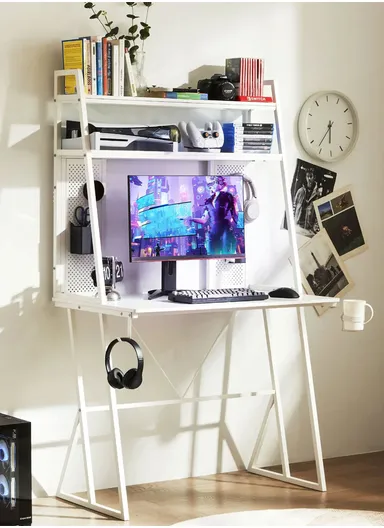 40" Gaming Desk with Two-Tier Storage Hutch &amp; Pegboard (W100 x D55 x H158)cm - White