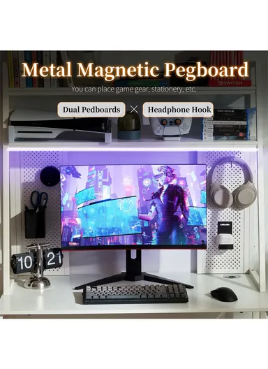 40" Gaming Desk with Two-Tier Storage Hutch &amp; Pegboard (W100 x D55 x H158)cm - White