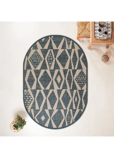 133 x 190 cm Nova Geometric Diamond Elegance Oval Indoor Outdoor Decorative Rug - Cream / Indigo