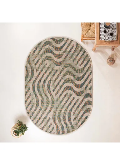 133 x 190 cm Nova Wavy Mirage Oval Indoor Outdoor Decorative Rug - Green / Cream
