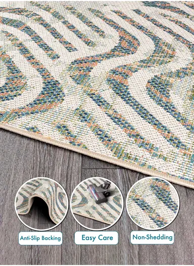 133 x 190 cm Nova Wavy Mirage Oval Indoor Outdoor Decorative Rug - Green / Cream