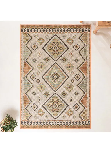 200 x 280 cm Nova Tribal Diamond Motif Indoor Outdoor Decorative Rug - Green / Cream