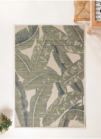 200 x 280 cm Nova Tropical Green Leaves Indoor Outdoor Decorative Rug - Green / Cream