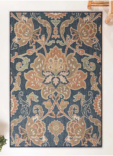 80 x 250 cm Nova Symmetrical Floral Indoor Outdoor Decorative Rug - Navy Blue / Green