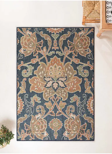 80 x 250 cm Nova Symmetrical Floral Indoor Outdoor Decorative Rug - Navy Blue / Green