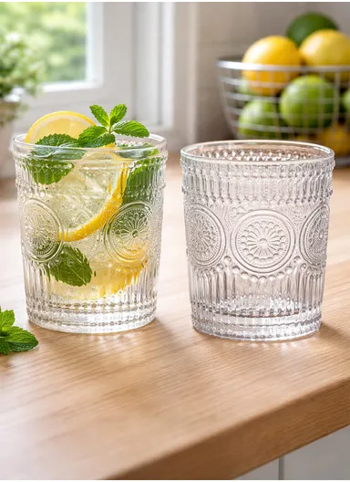 6-Pcs Transparent Round Glass Cups with Sturdy Base &amp; Smooth Rim for Beverages TY01