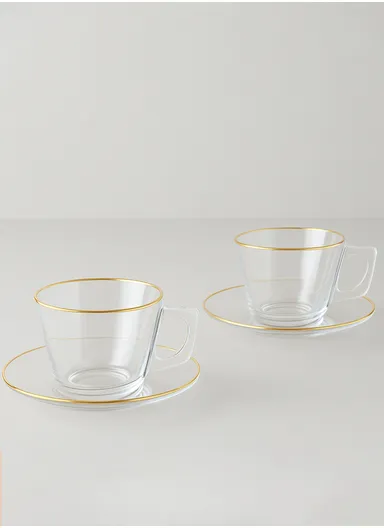 12-Pieces Transparent Glass Tea &amp; Coffee Cup Set with Gold Rim &amp; Matching Saucers