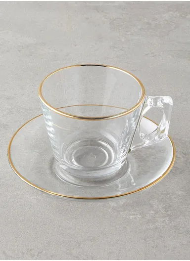 12-Pieces Transparent Glass Tea &amp; Coffee Cup Set with Gold Rim &amp; Matching Saucers