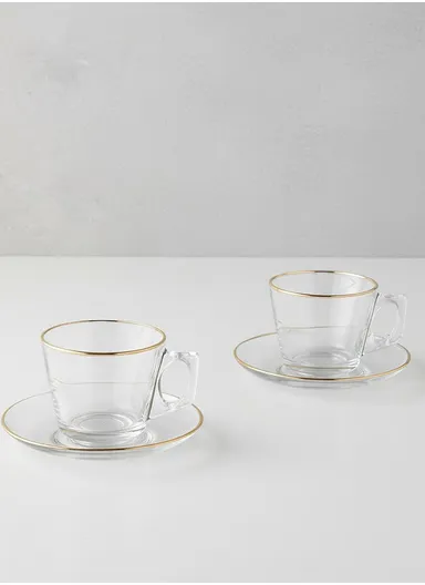 12-Pieces Transparent Glass Tea &amp; Coffee Cup Set with Gold Rim &amp; Matching Saucers