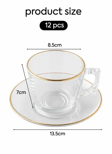 12-Pieces Transparent Glass Tea &amp; Coffee Cup Set with Gold Rim &amp; Matching Saucers