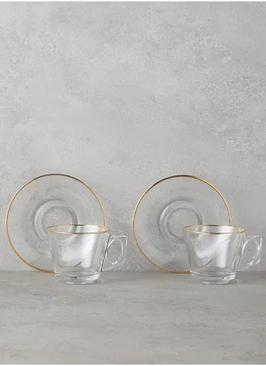 12-Pieces Transparent Glass Tea &amp; Coffee Cup Set with Gold Rim &amp; Matching Saucers