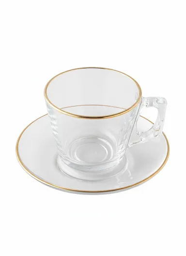 12-Pieces Transparent Glass Tea &amp; Coffee Cup Set with Gold Rim &amp; Matching Saucers