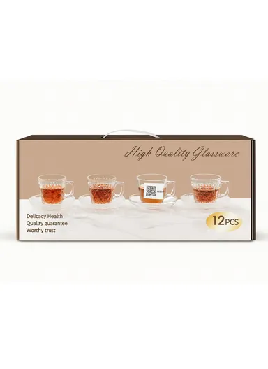 12-Pieces Transparent Glass Tea &amp; Coffee Cup Set with Gold Rim &amp; Matching Saucers
